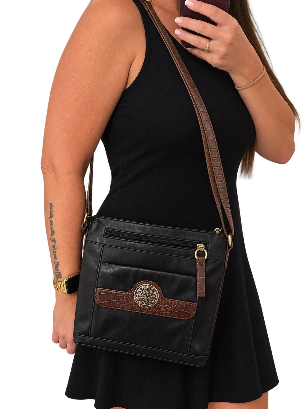 Giani Bernini Leather Crossbody Purse Black Brown Croc Medallion